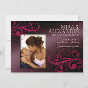 Barbizon Damask Scroll - eggplant magenta Wedding Invitation