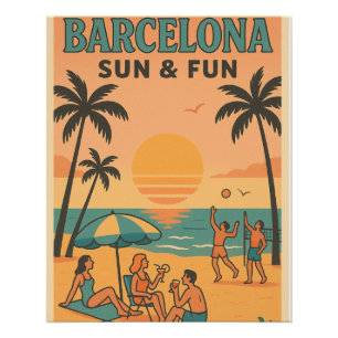 Barcelona Beach & Sun – Retro Travel Poster