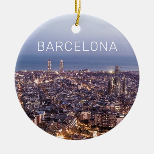 Barcelona Catalonia Sunset Skyline Spain Cityscape Ceramic Tree Decoration (Front)