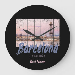 Barcelona Catalonia sunset Skyline Spain vintage Large Clock