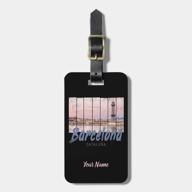 Barcelona Catalonia sunset Skyline Spain vintage Luggage Tag (Front Vertical)