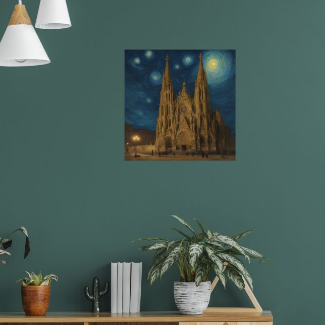 Barcelona Cathedral at Night van Gogh Style  Poster (Living Room 1)
