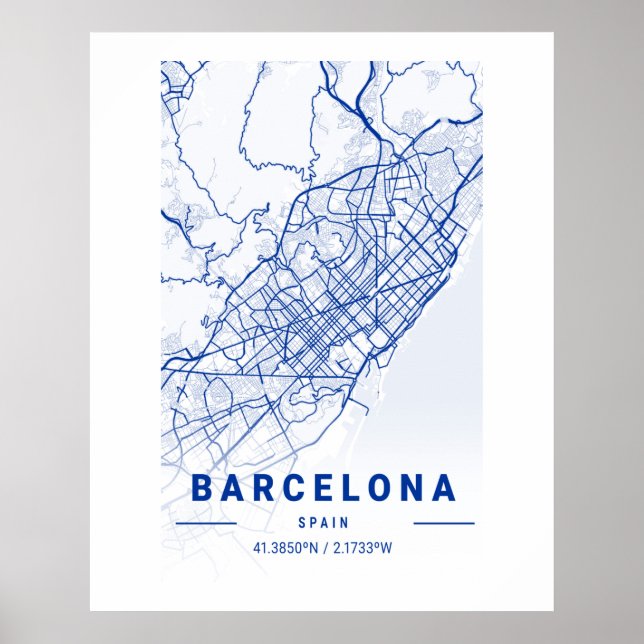 Barcelona City Map Blue Poster (Front)