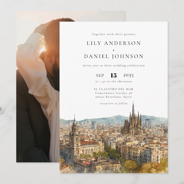 Barcelona Destination Elegant Photo Wedding Invitation (Front/Back)