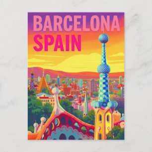 Barcelona Gaudi Sunset Retro Postcard