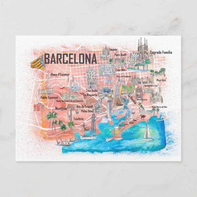 Barcelona Illustrated Travel Map with Main Roads Postcard (Front)