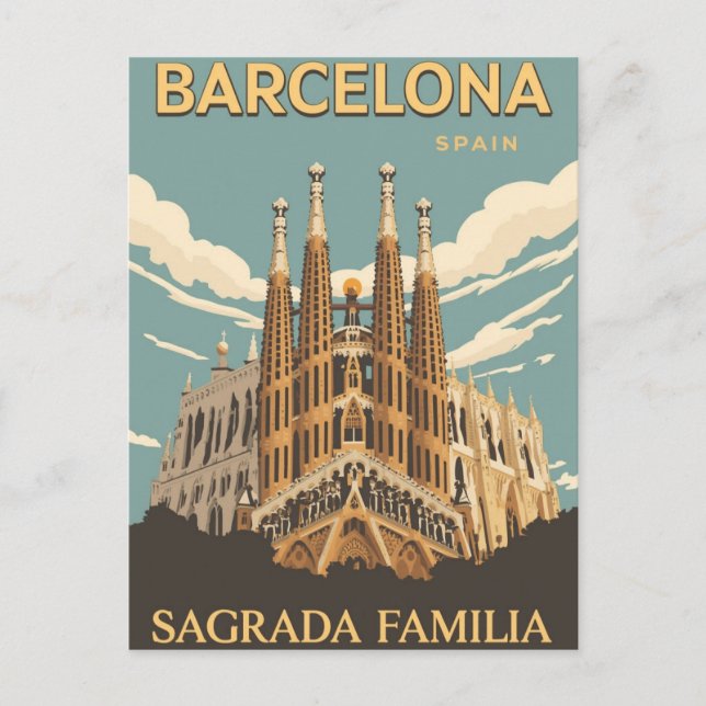 Barcelona Sagrada Familia Vintage Travel Art Postcard (Front)