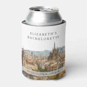 Barcelona Skyline Watercolor Bachelorette Weekend Can Cooler