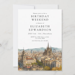 Barcelona Skyline Watercolor Birthday Weekend Invitation