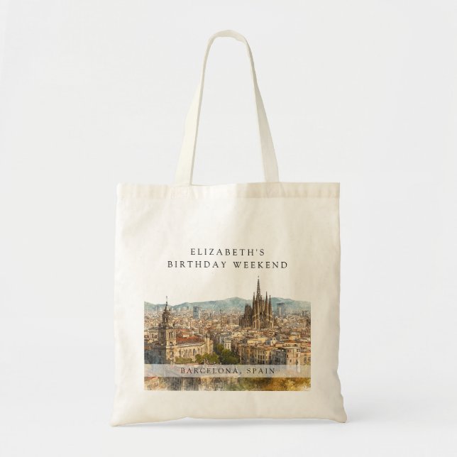 Barcelona Skyline Watercolor Birthday Weekend Tote Bag (Front)
