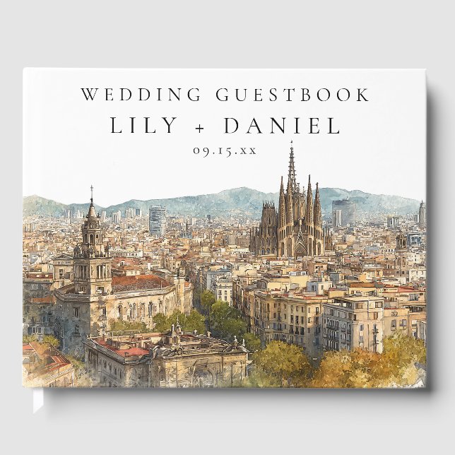Barcelona Skyline Watercolor Wedding Guest Book (Front)