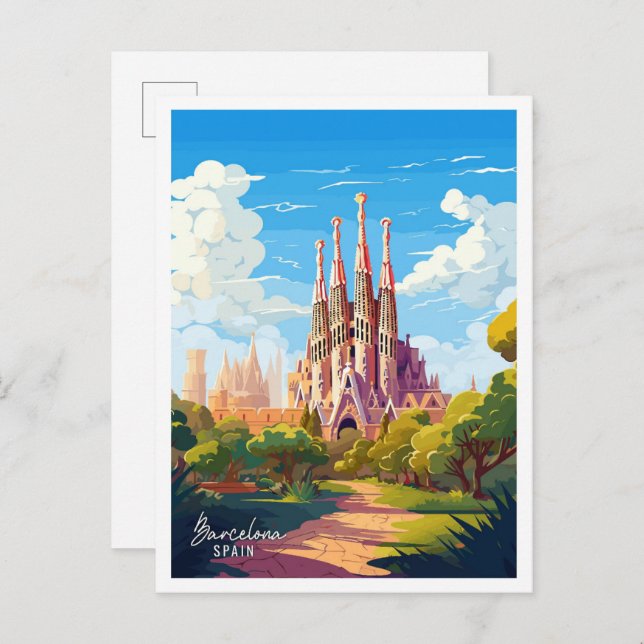 Barcelona Spain Art vintage travel illustration Postcard (Front/Back)