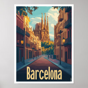 Barcelona Spain Art Vintage Travel Illustration Poster