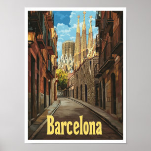 Barcelona Spain Art Vintage Travel Illustration Poster