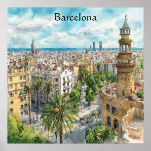 Barcelona Spain Catalonia City VIew Oil Paint Poster