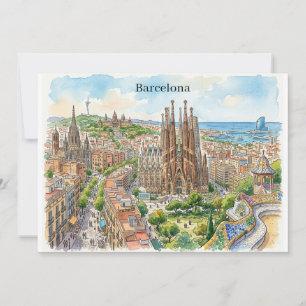 Barcelona Spain Cityscape Watercolor Illustration Card