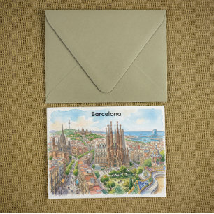 Barcelona Spain Cityscape Watercolor Illustration Postcard