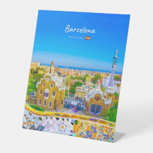 Barcelona, Spain - Park Guell Gaudi Mosaic Pedestal Sign