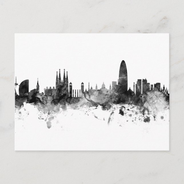 Barcelona Spain Skyline Black White Postcard (Front)