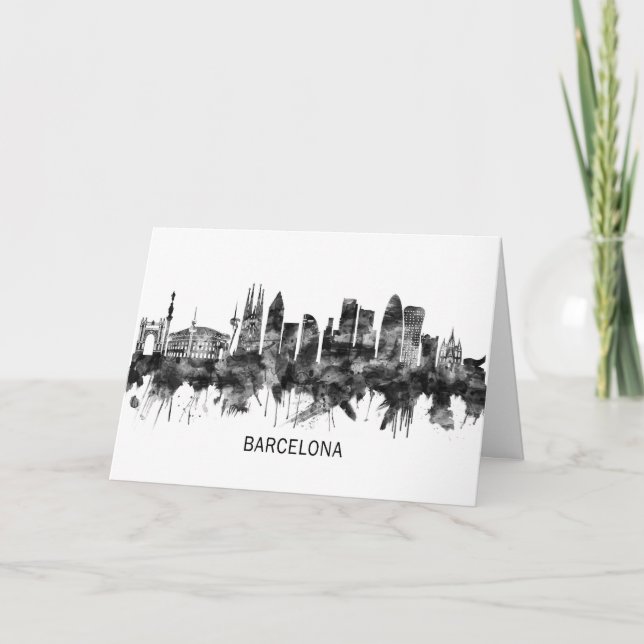 Barcelona Spain Skyline BW Holiday Card (Front)