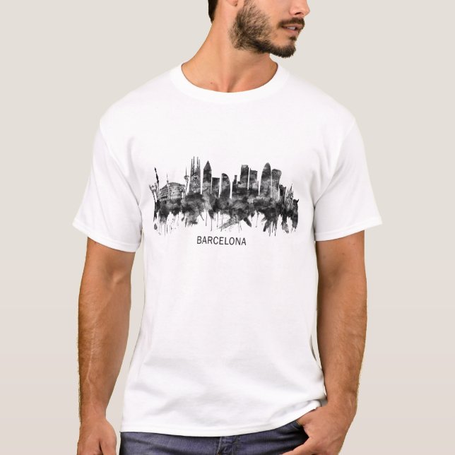 Barcelona Spain Skyline BW T-Shirt (Front)