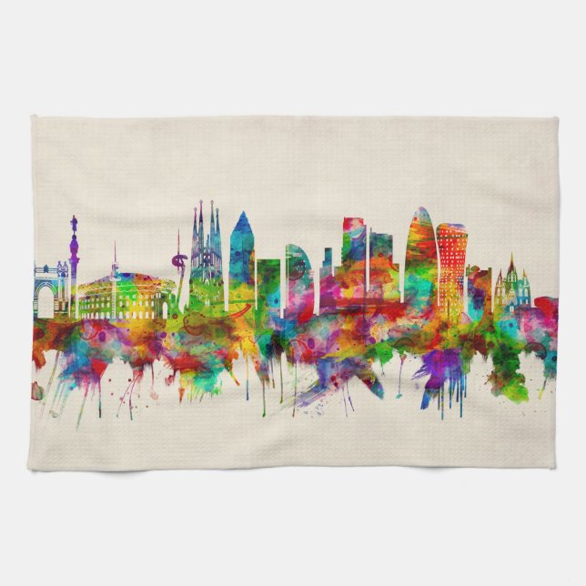 Barcelona Spain Skyline Tea Towel (Horizontal)