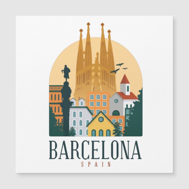 Barcelona Spain Skyline Vintage Magnetic Card (Front)