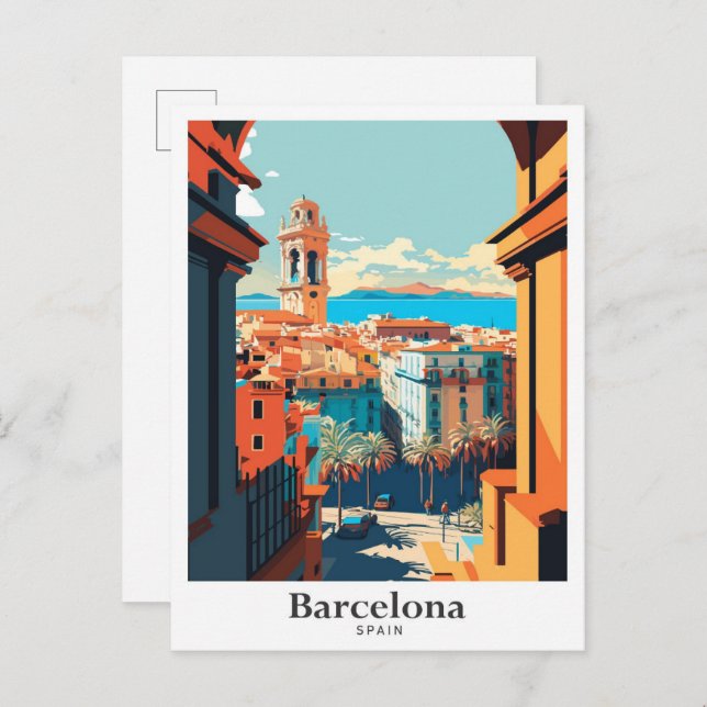 Barcelona Spain Travel Art Vintage Illustration Postcard (Front/Back)