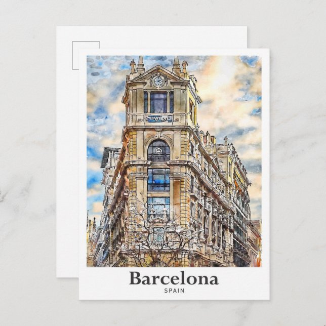 Barcelona Spain Travel Watercolor Hand Drawn Postcard (Front/Back)