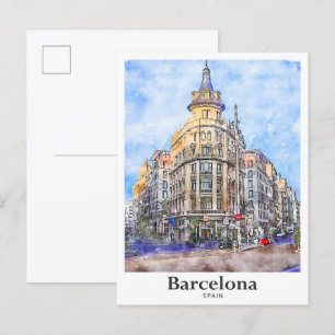 Barcelona Spain Travel Watercolor Hand Drawn Postcard