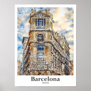 Barcelona Spain Travel Watercolor Hand Drawn Poster