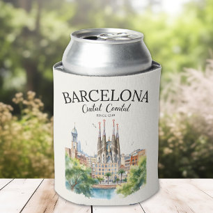 Barcelona Spain Vintage Art Landscape Can Cooler