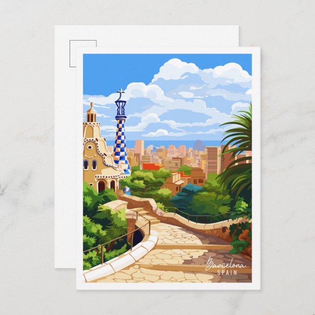 Barcelona Spain vintage travel illustration Postcard (Front/Back)
