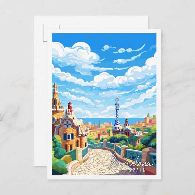 Barcelona Spain vintage travel illustration Postcard (Front/Back)