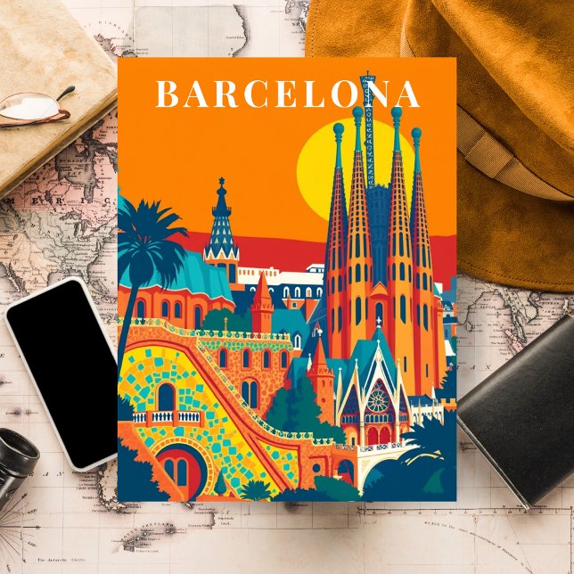 Barcelona Spain Vintage Travel Illustration Postcard (Barcelona Spain Vintage Travel Illustration Postcard)