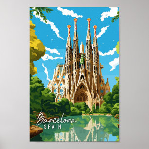 Barcelona Spain vintage travel illustration Poster