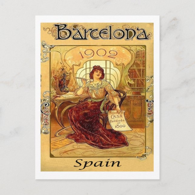 Barcelona, Spain, woman writing a letter, vintage Postcard (Front)