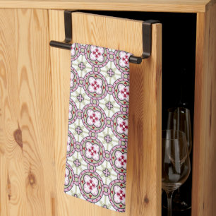 Barcelona tile flower with pink ribbons tea towel