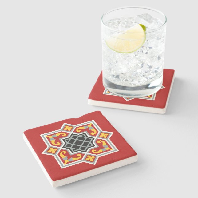 Barcelona tile red octagonal pattern stone coaster (Side)