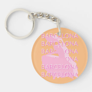 Barcelona Travel Art, Spain, Orange, Pink Key Ring