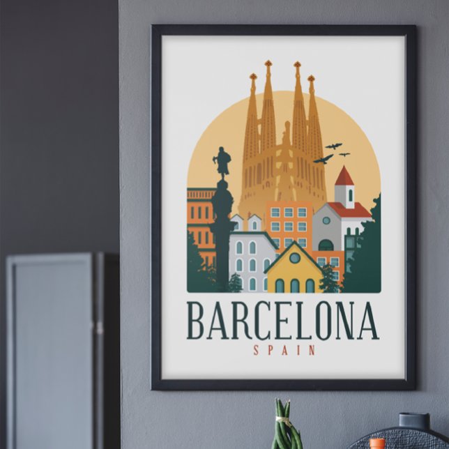 Barcelona Vintage Travel Poster (Barcelona Spain Vintage Cityscape Poster)