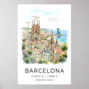 Barcelona Wall Art Print Colourful Watercolor