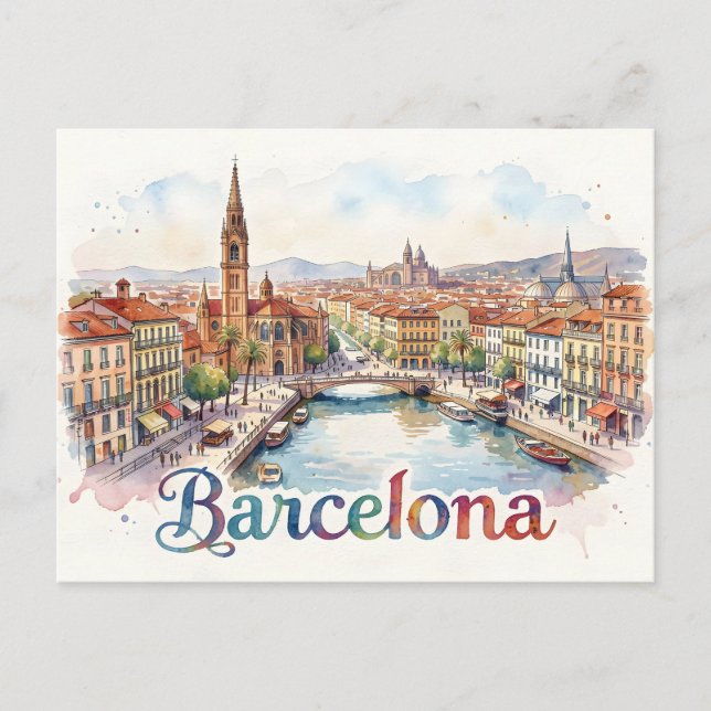 Barcelona watercolor art postcard (Front)