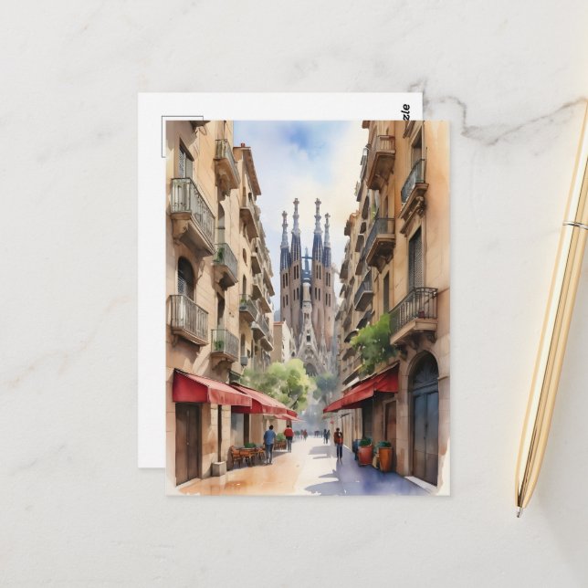 Barcelona watercolor art postcard (Front/Back In Situ)
