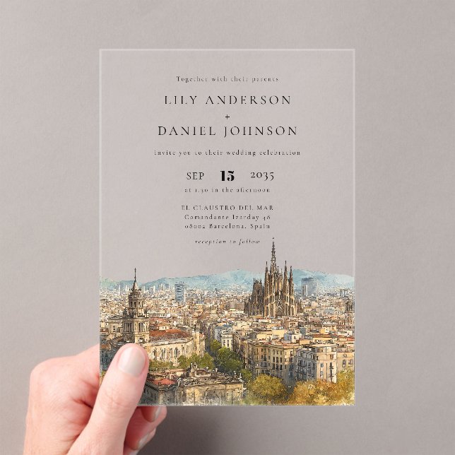 Barcelona Watercolor Destination Wedding Acrylic Invitations (Insitu (Handheld))
