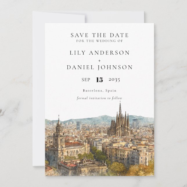 Barcelona Watercolor Destination Wedding Save The Date (Front)