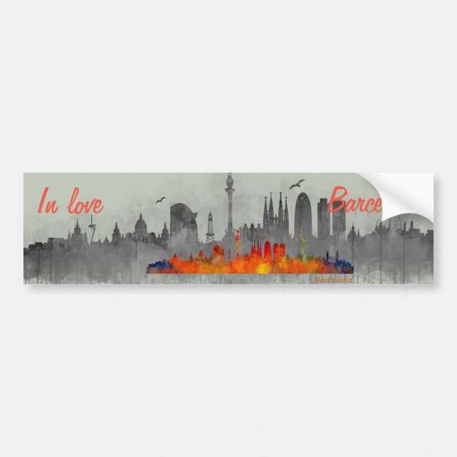 Barcelona watercolor Skyline in love Bumper Sticker (Front)
