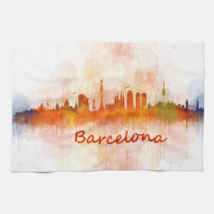Barcelona watercolor Skyline v04 Tea Towel
