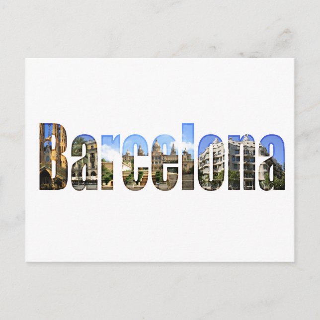 Barcelona with tourist attractions in letters postcard (Front)