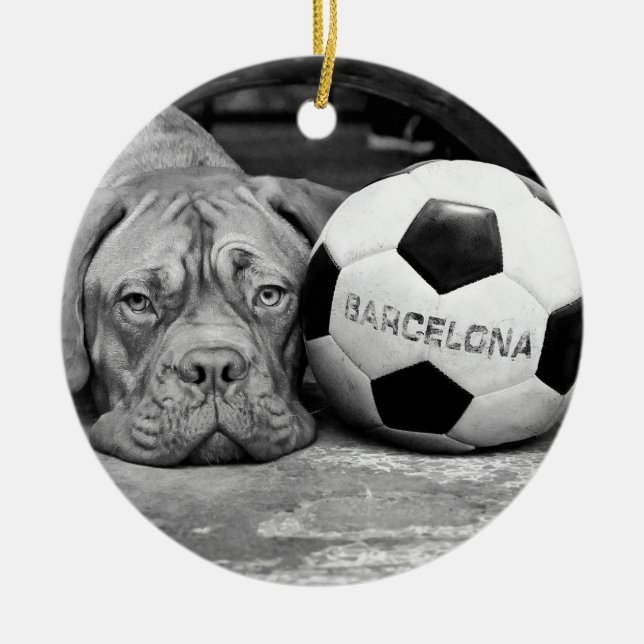 Barcelona's soccer fanatic dog. Barcelona, Spain Ceramic Tree Decoration (Front)